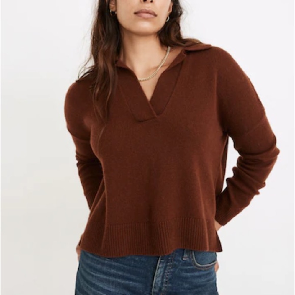 Madewell Davie Polo Sweater V-Neck Heather Cabernet Brown Size Small Merino Wool